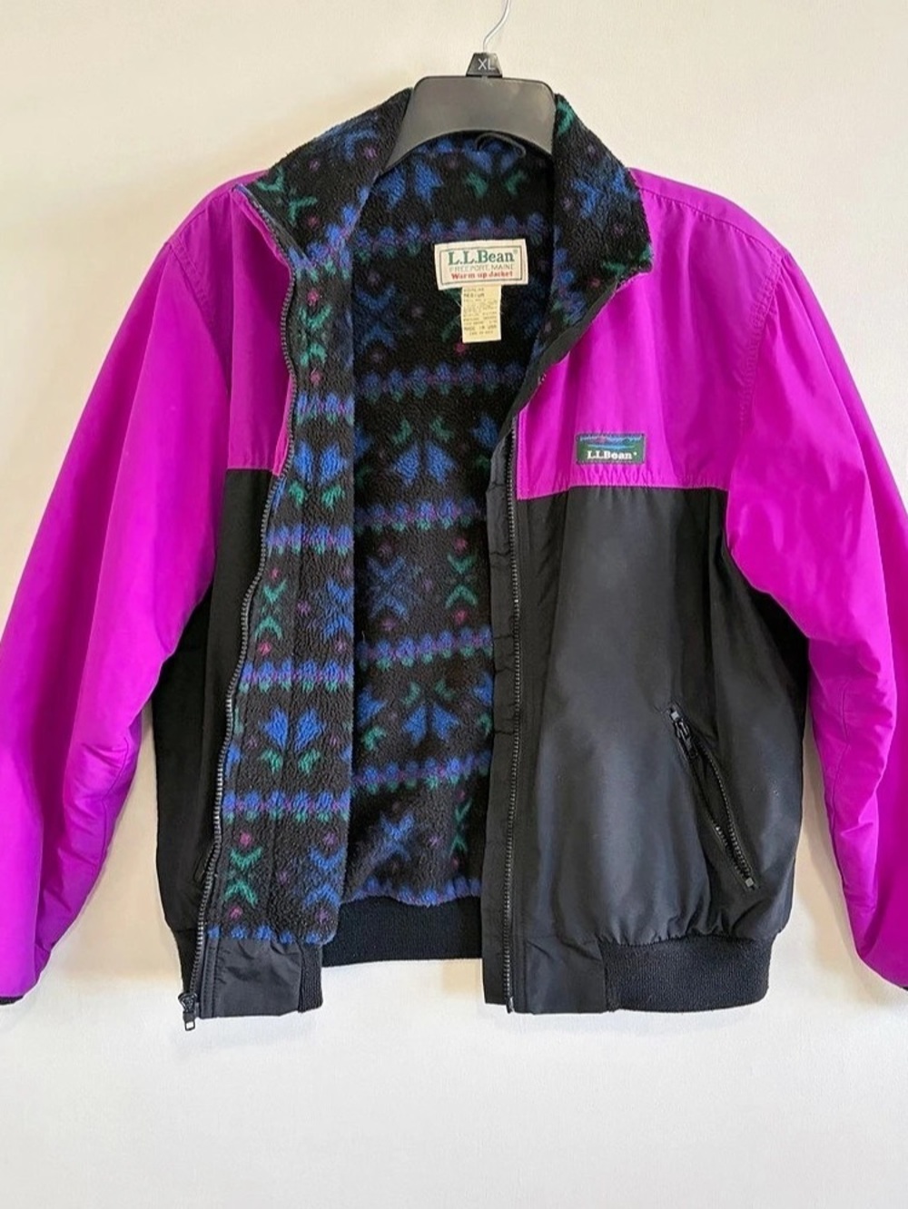 VTG 90s L.L.Bean Warm-Up Ski Jacket Womens M Pink Aztec Fleece Lined USA Bomber